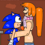 Yoko Littner holding Sonic in her arms