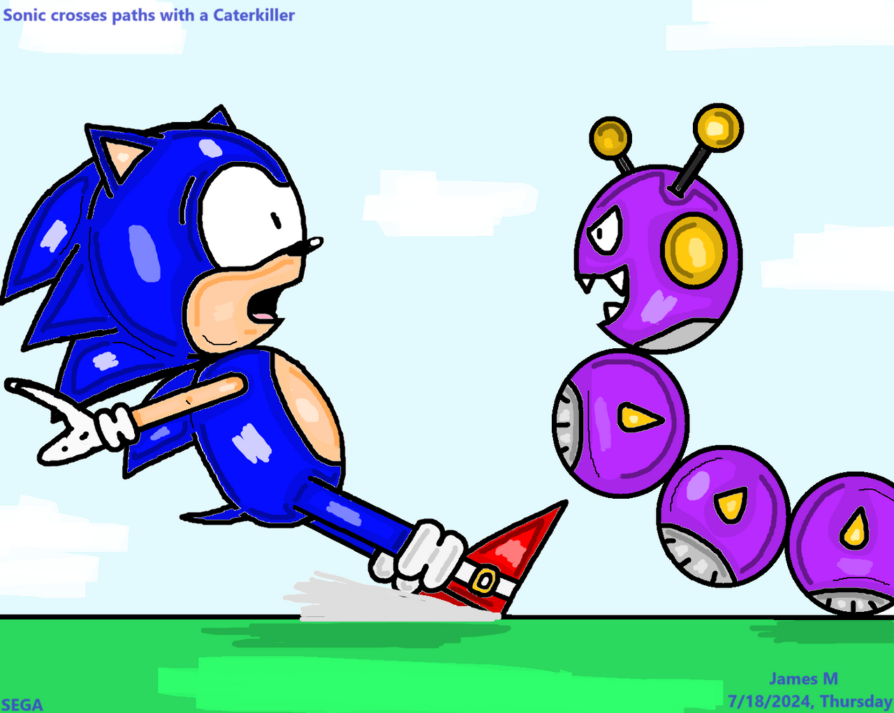 Sonic crosses paths with a Caterkiller by cvgwjames on DeviantArt