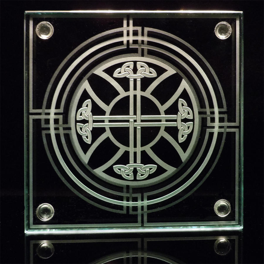 Celtic Cross Sandblasted Glass Tabletop Coaster