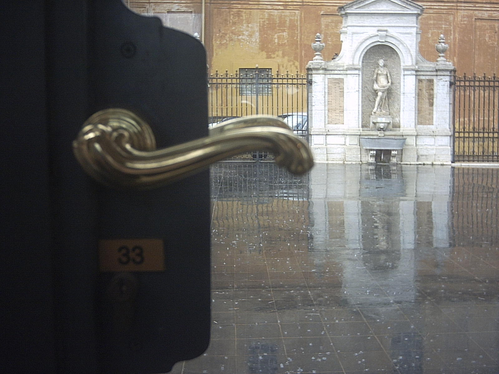 fountain on a rainy day