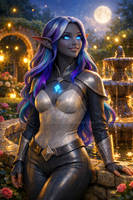 Female Nyxuni Dark Elf in Fantasy Garden (AI)