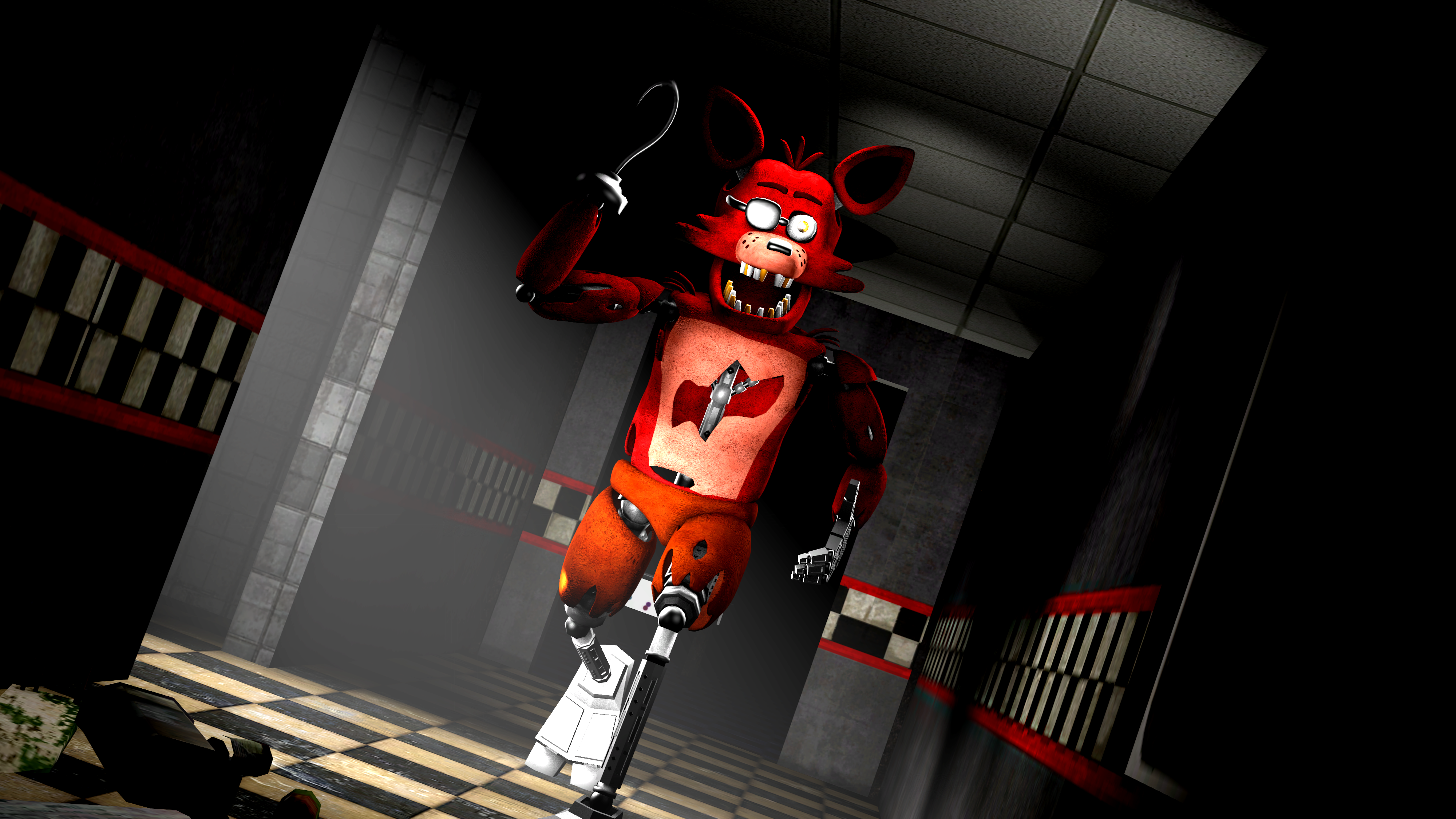 Withered foxy running down a dark hallway