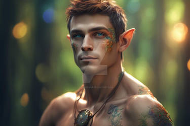 Handsome elf man, topless, fantastic forest, bokeh