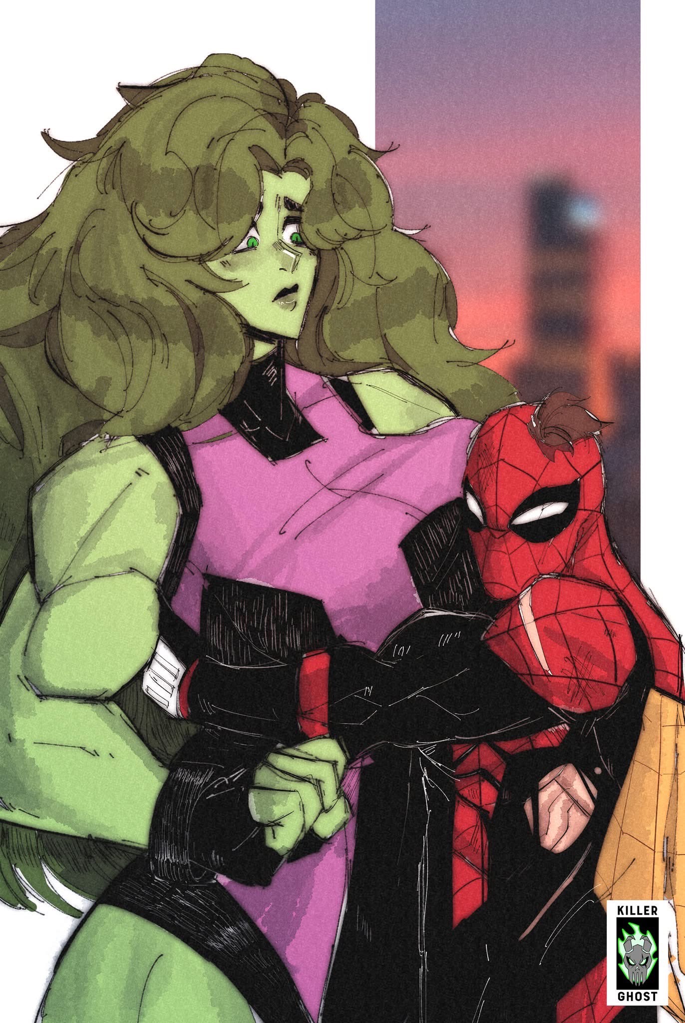 Spider-Man hugging She Hulk
