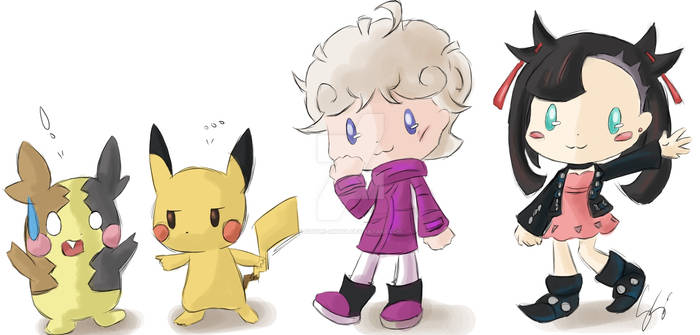 Morpeko, Bede, Marnie and Pikachu