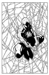 Spiderman hanging by a tread inks by Juan