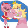 Amy y Peach abrazando a kirby