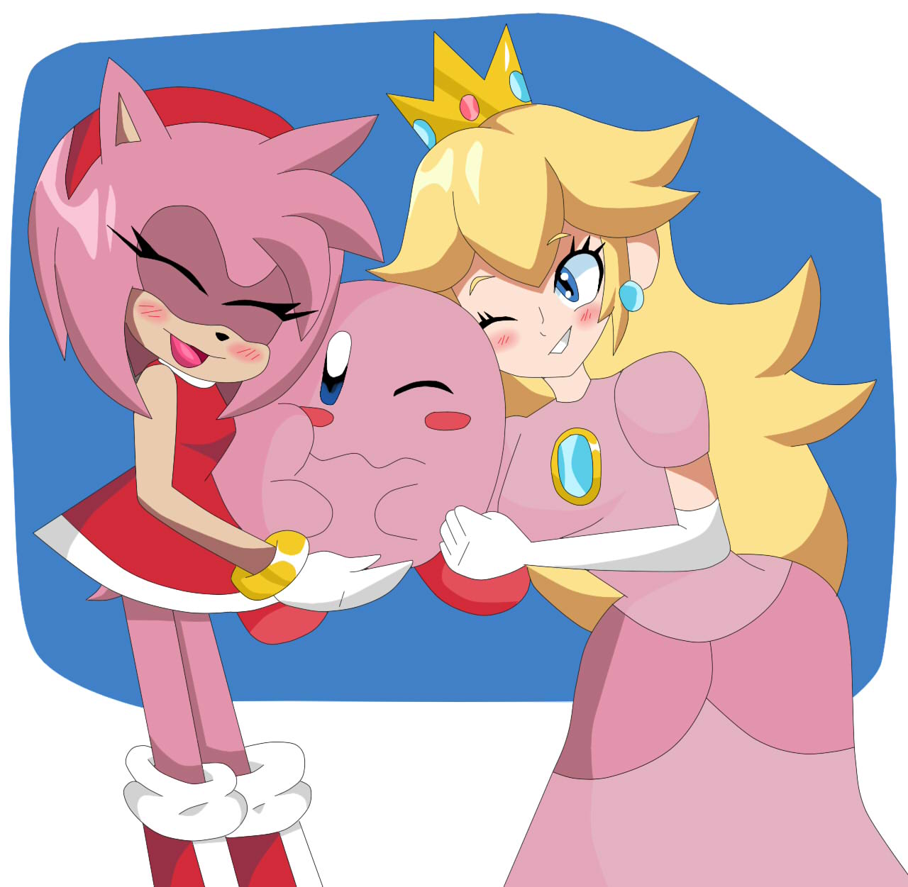 Amy y Peach abrazando a kirby