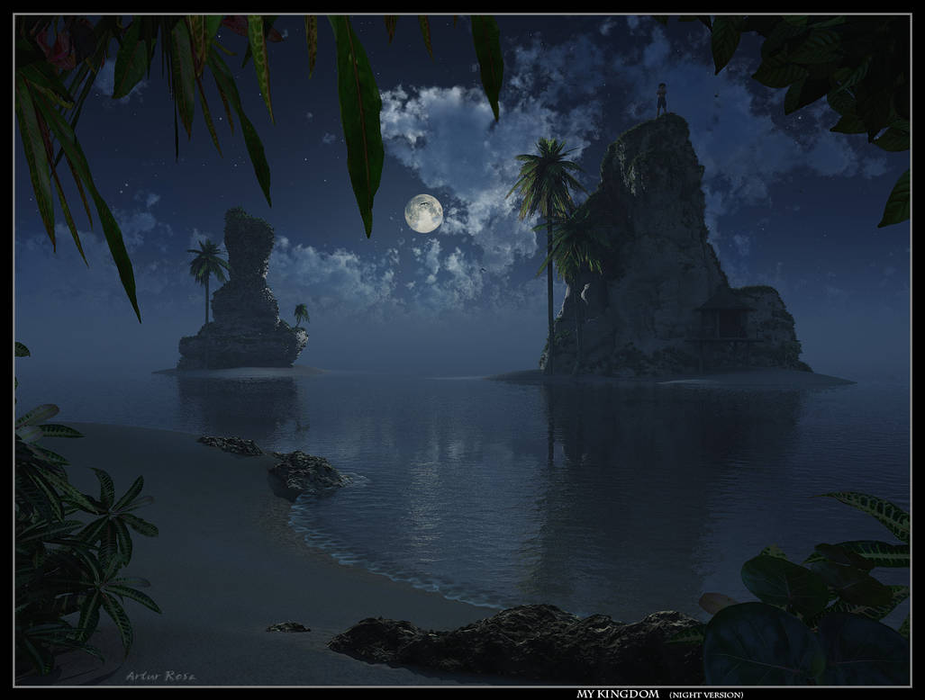 Lonely moon. Лунный остров. Море островов на Луне. Остров ночью. Ночной остров арт.