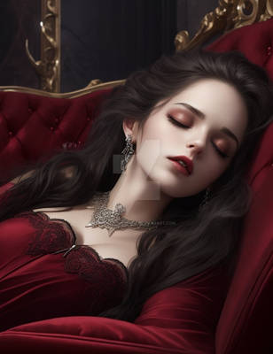 A female vampire in red sleeping