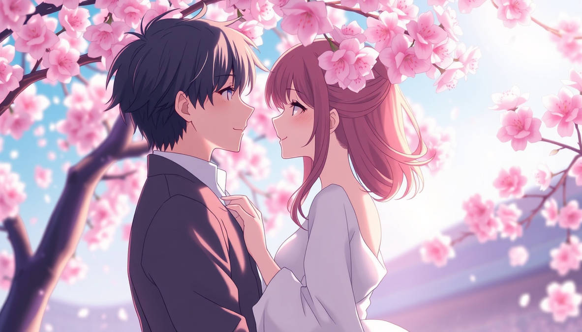 Romantic Soft Two Lovers Under Glowing Pink Cherr