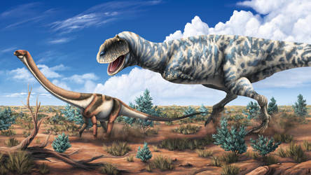 Majungasaurus hunting juvenile Rapetosaurus