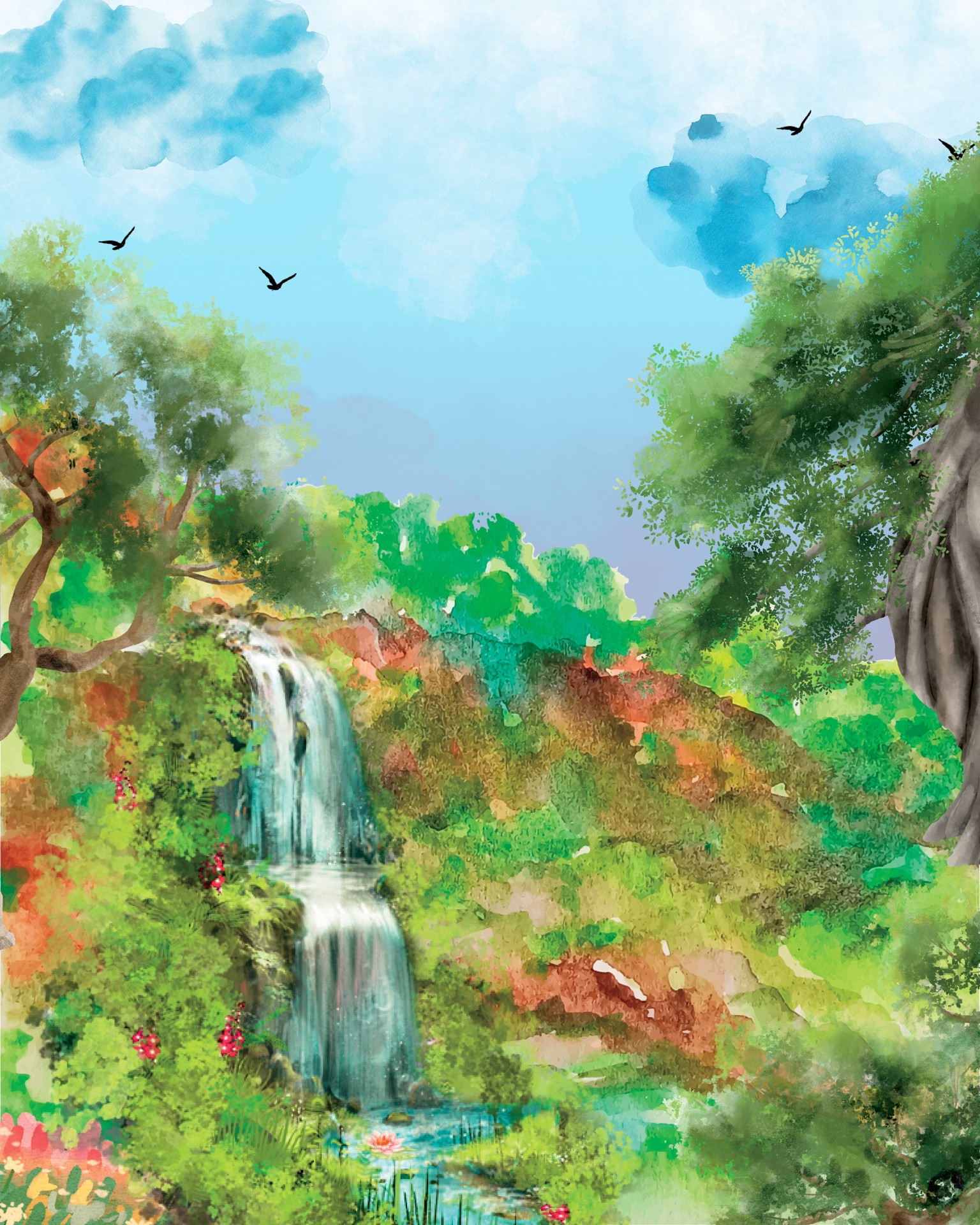 Waterfall watercolor digital art