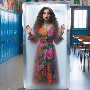 Freeze girl in ice block school 