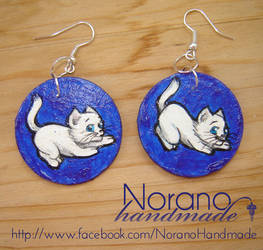 Painted Clay Disk Earrings - White Kittens