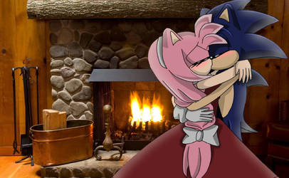 sonic and amy kiss by the fireplace