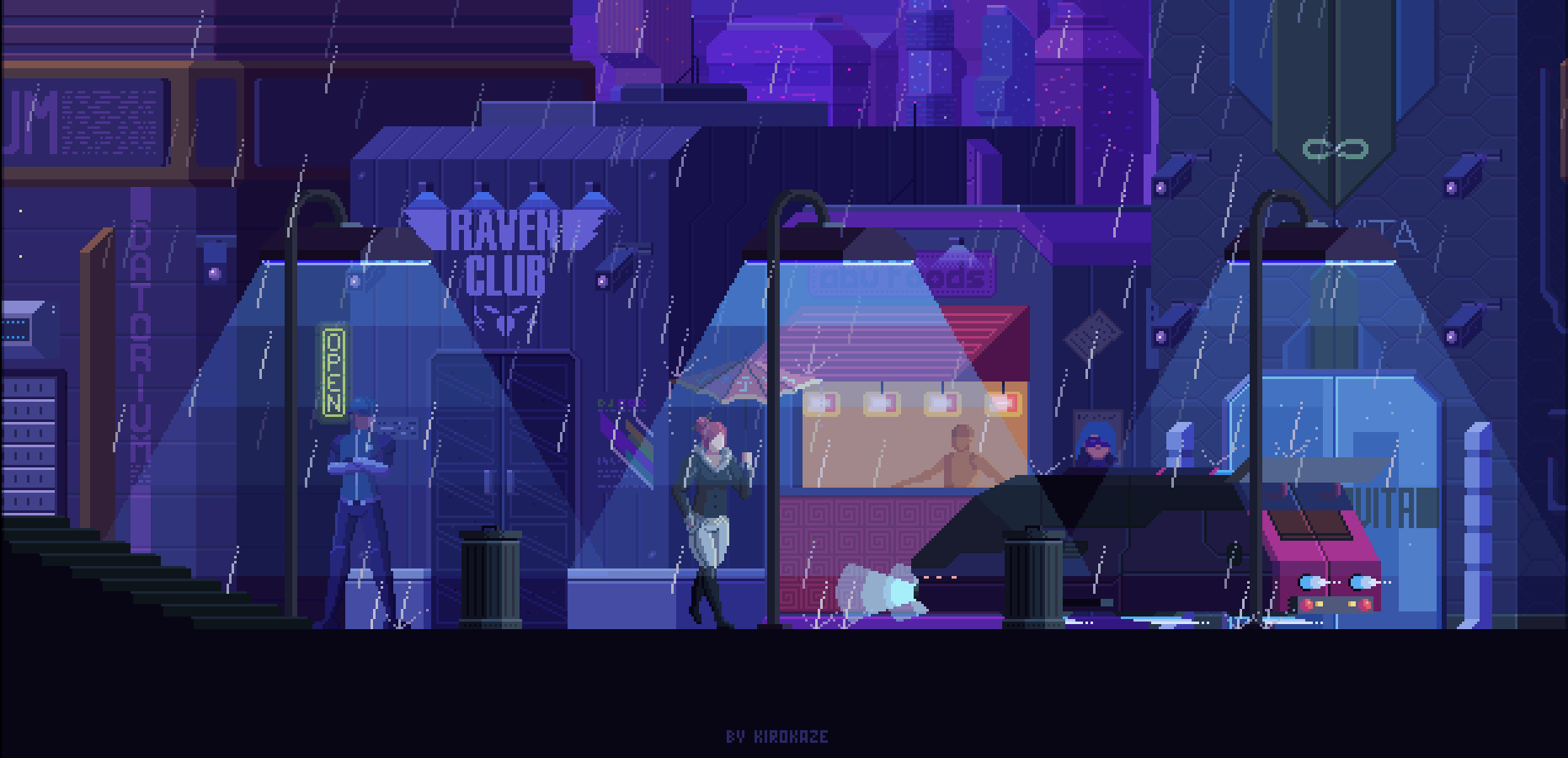 Beautiful pixel art of a cyberpunk coffeeshop in the rain