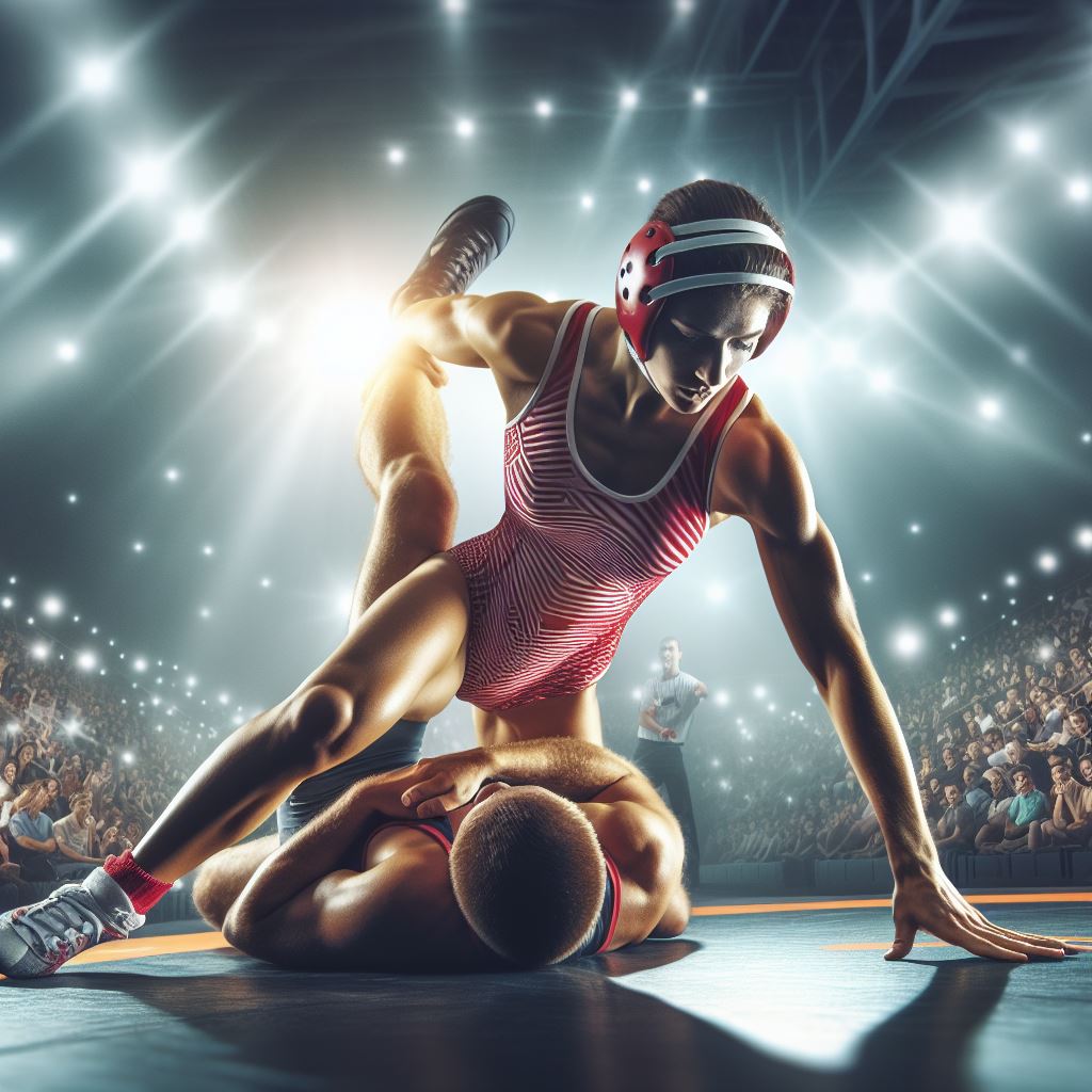 A woman pinned a man in a wrestling match (AI gen) by Ginelon on DeviantArt