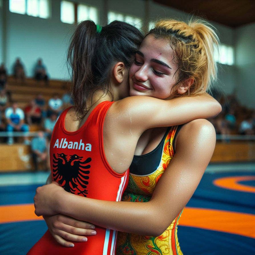 Hugging Match Girls wrestlers hug after the match (AI gene) by Ginelon on DeviantArt