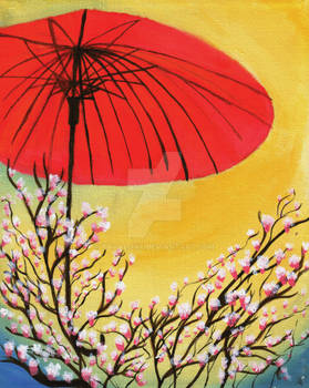 Pink Magnolias and Red Umbrella