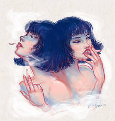 Two heads, three cigarettes.