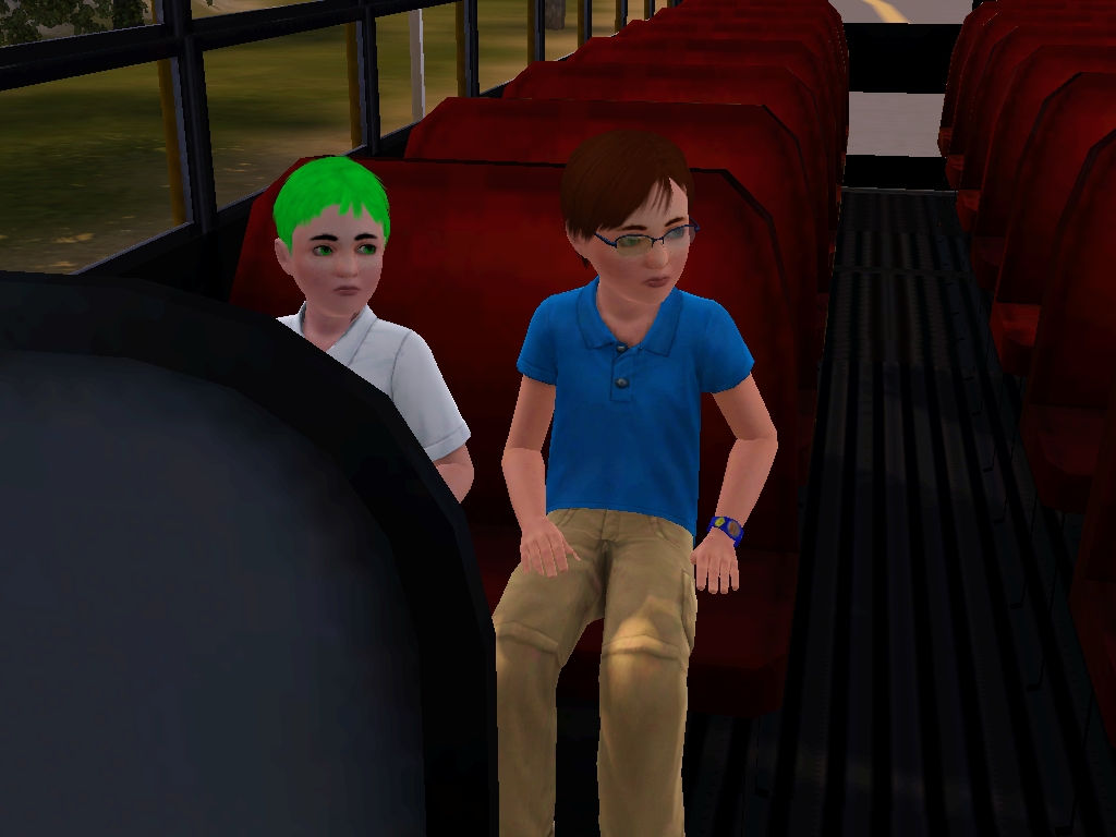 Young Cosmo and Engie in the school BUS