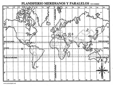 Mapa mundial blanco y negro paralelos y meridianos