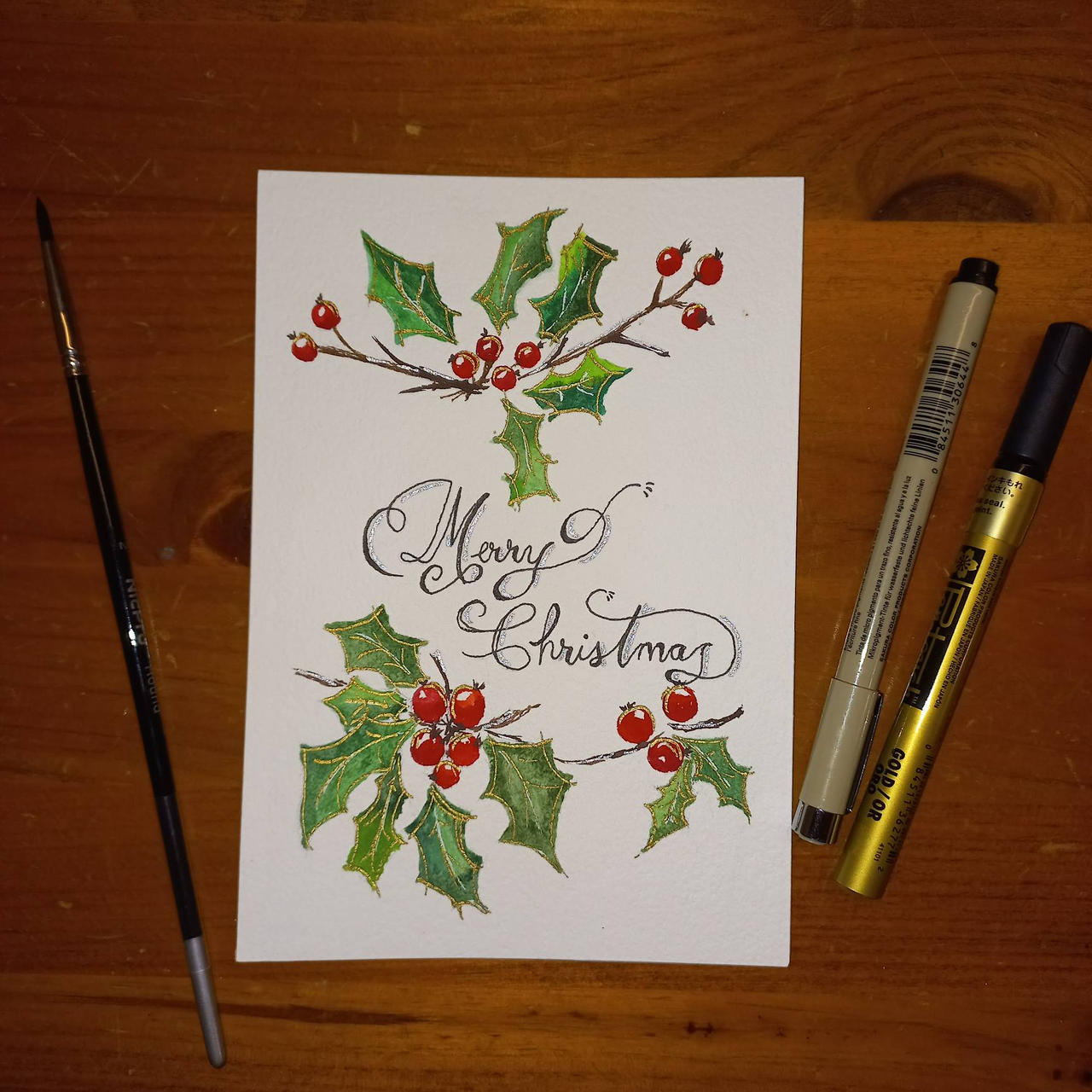 Holly Christmas card in watercolor and ink