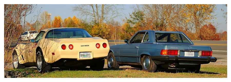 A Mercedes and a Corvette Rearview