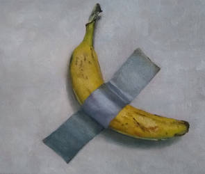 Banana Taped to Wall oil on canvas 8 x 10