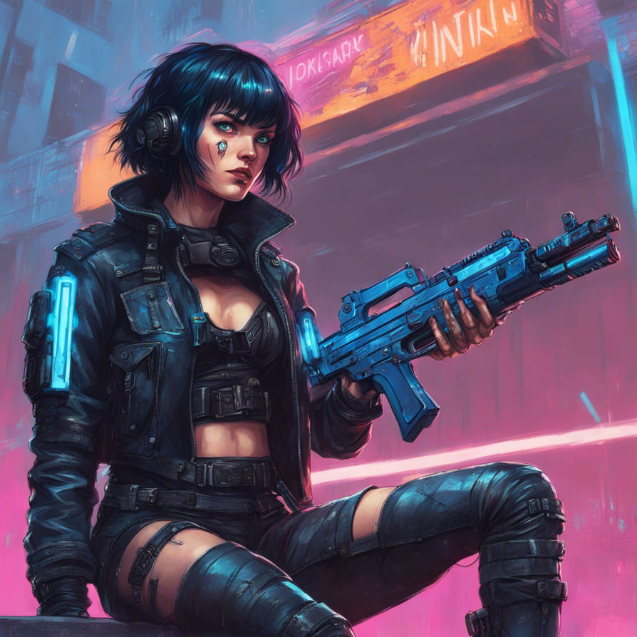 Female, cyberpunk, post apocalyptic, retro, neon
