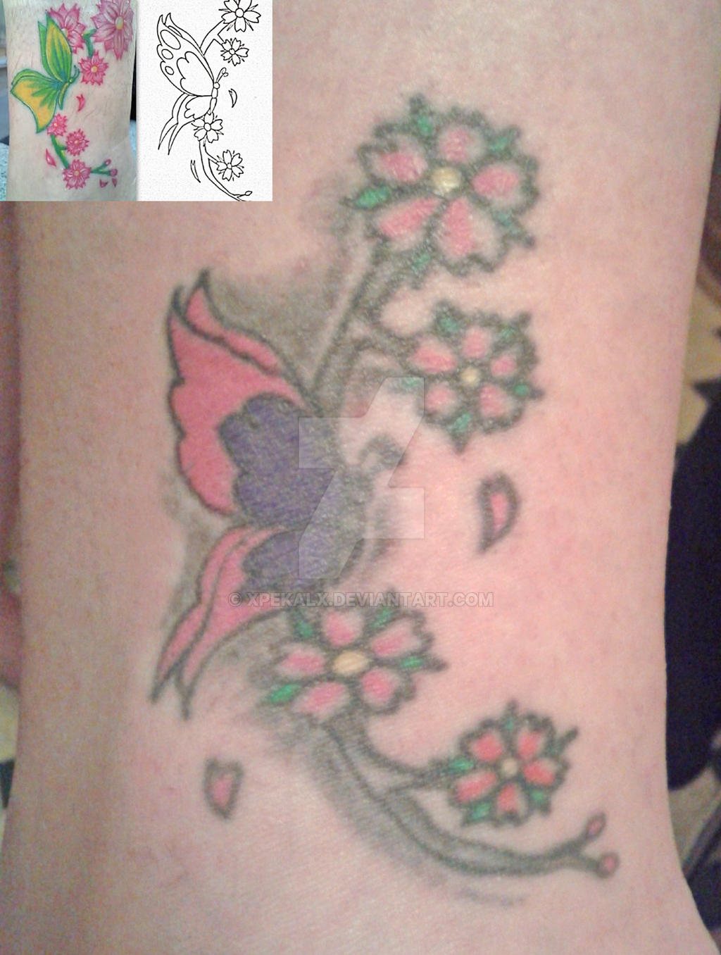 Butterfly with cherry blossoms tattoo