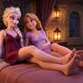 Elsa and Rapunzel are relaxing in a stone tower