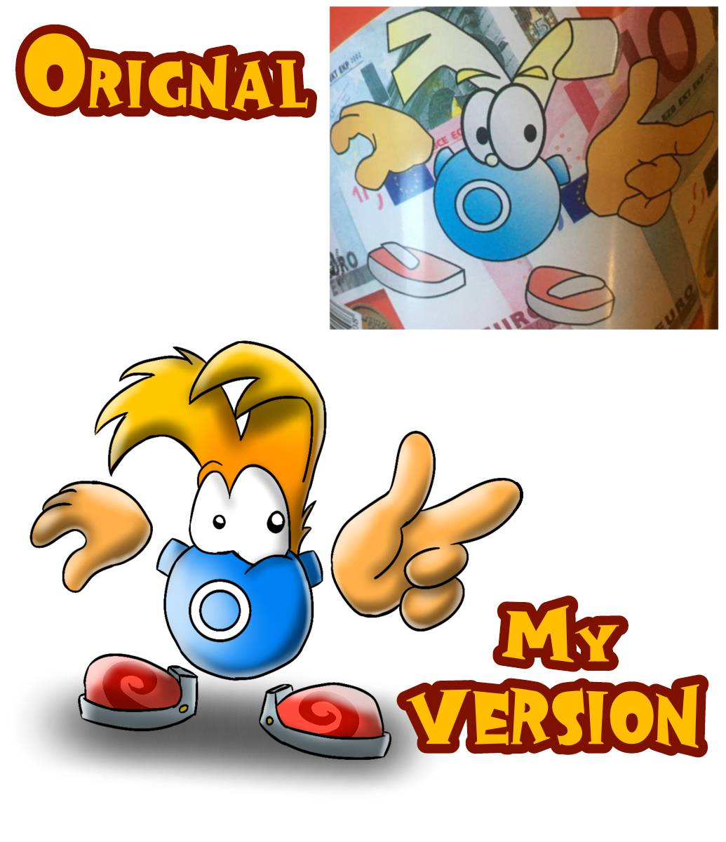 Bootleg Rayman coin bank, redrawn by SpongeDayron on DeviantArt