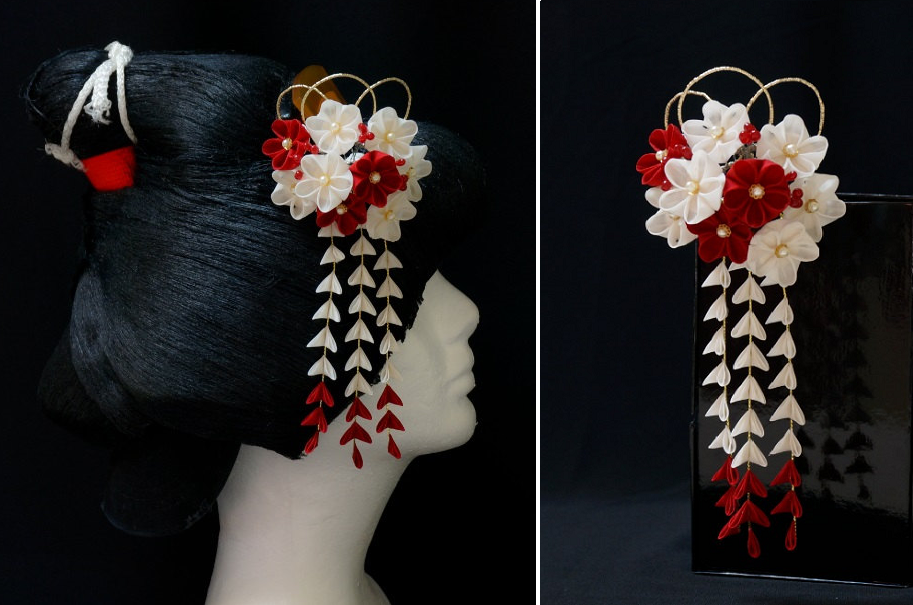 Crimson Red and White Plum Blossoms Kanzashi 156