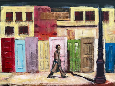 Study of man walking past wall of doors