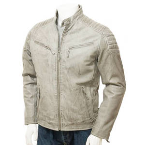 Mens Padded Grey Biker Leather Jacket