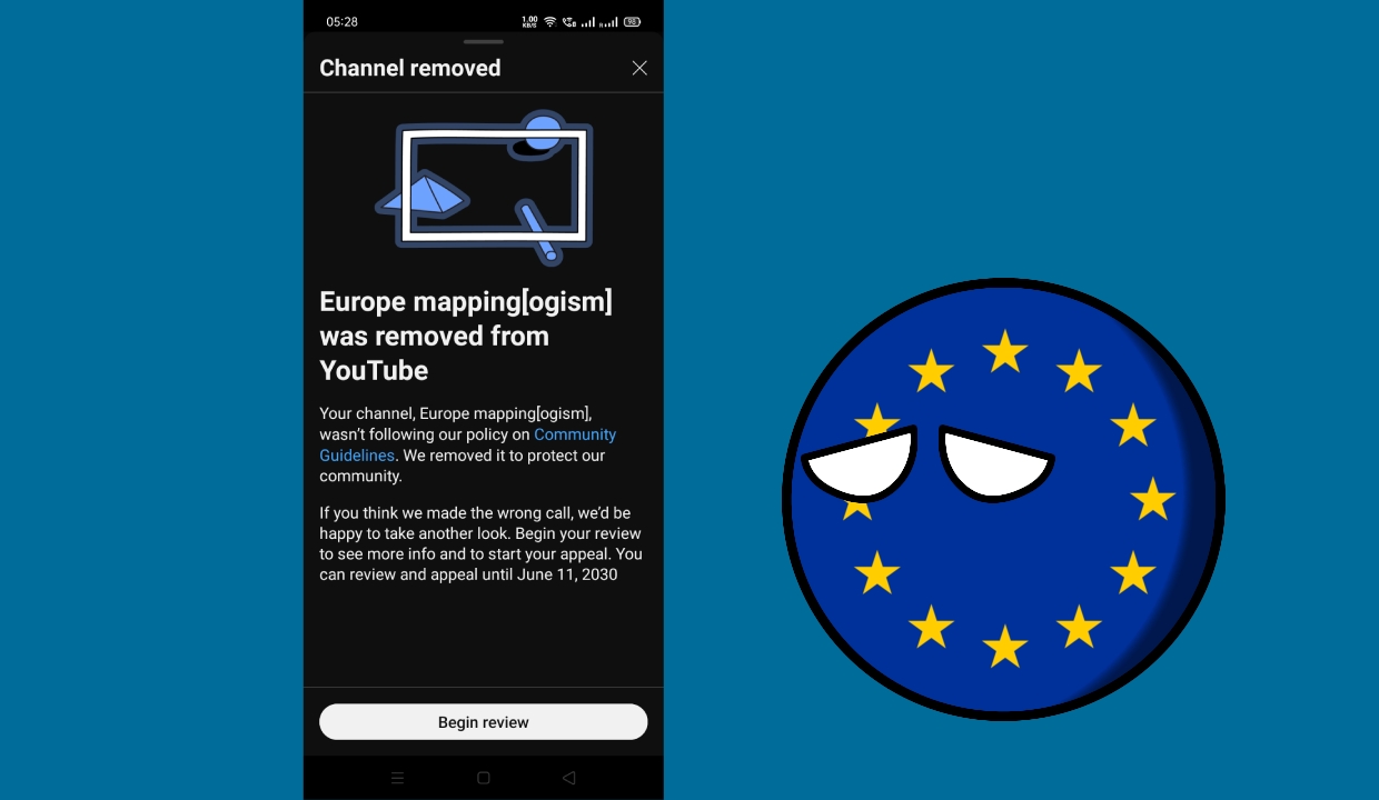 My main channel got terminated by Europeanmapping18 on DeviantArt