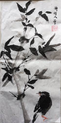 Chinese painting:Myna in bamboo grove