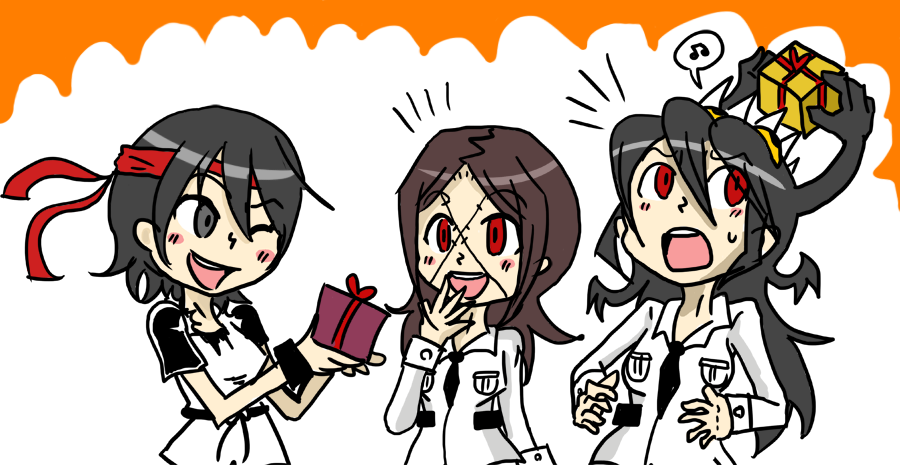 Haruko giving presents to Filia and Painwheel