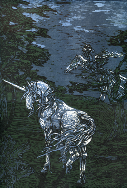 unicorn woodcut by Luusan