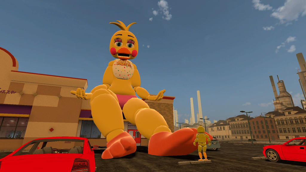 Chica playing with Toy Chica's toes by stranrain on DeviantArt.