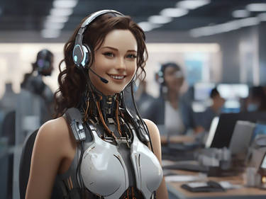 A smiling female ai robot is working at 2