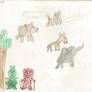 Drawing of bears, deer, elephant, AV  El by a tre