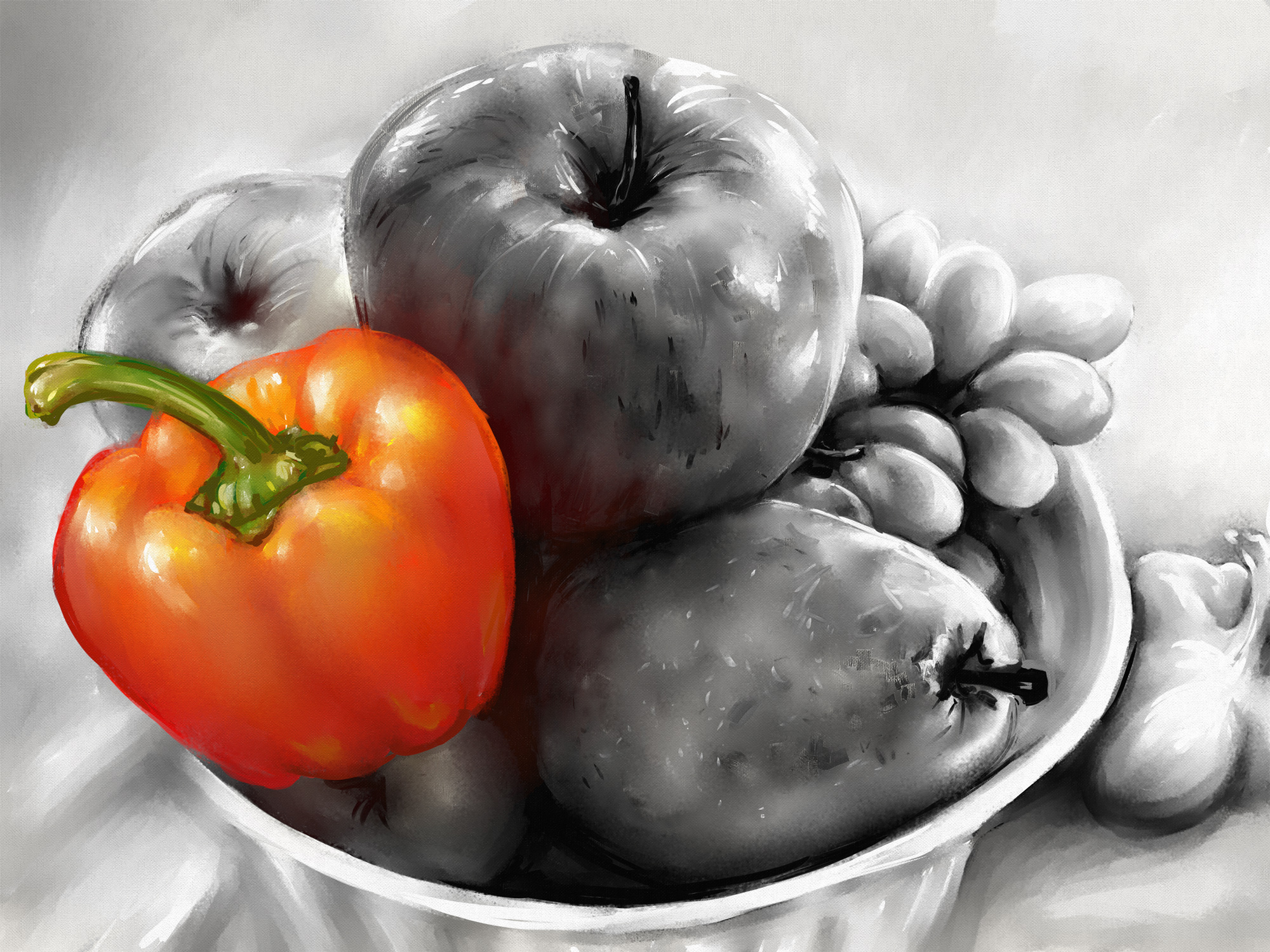 A Red Pepper In A Grayscale Still Life