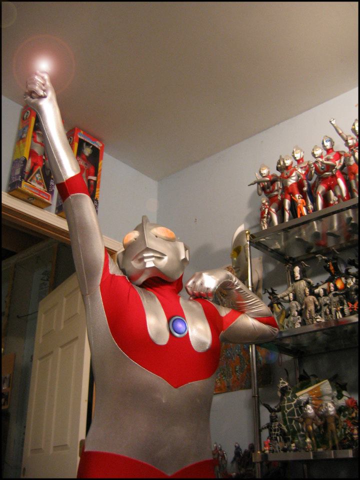 My daughter dressed in an Ultraman costume.