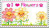 pixel art illustration of three flowers in a field with text that says I love flowers