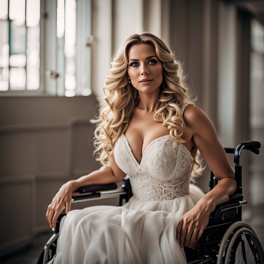 Young beautyful paraplegic woman, long blonde curl