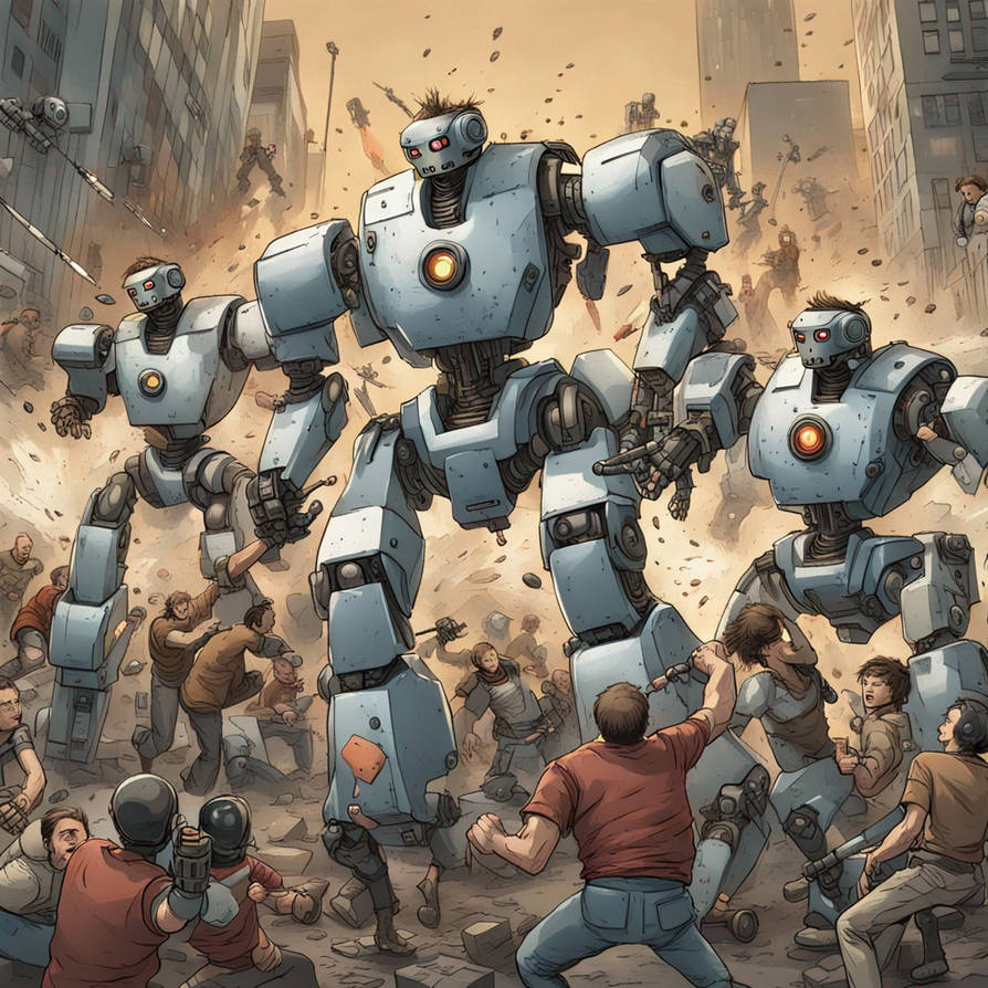 Angry humans attacking a group of robots by jvdb91arrow on DeviantArt