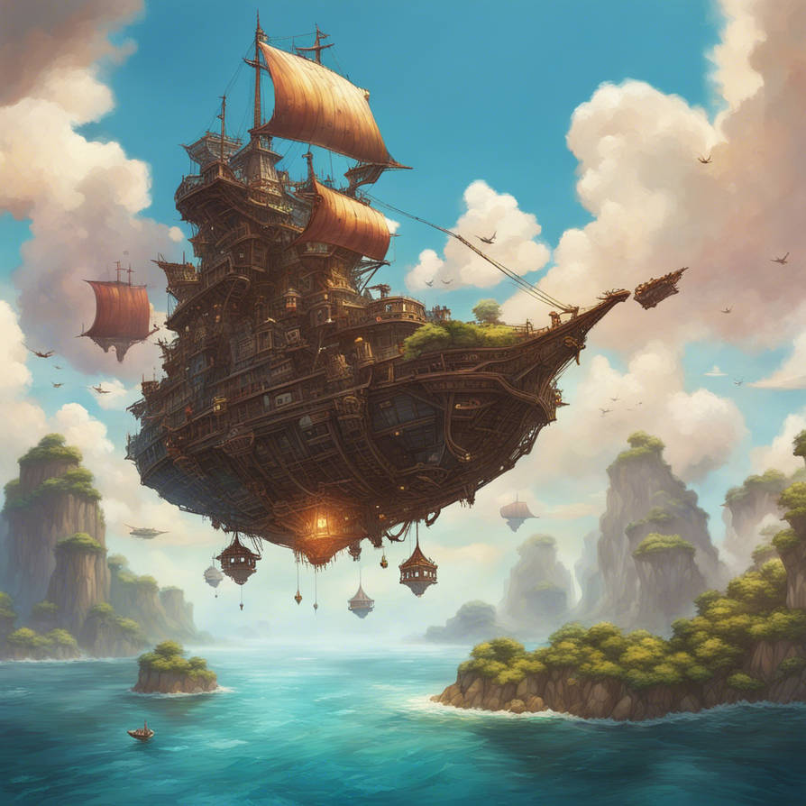 Flying ship into the sky towards a flying island